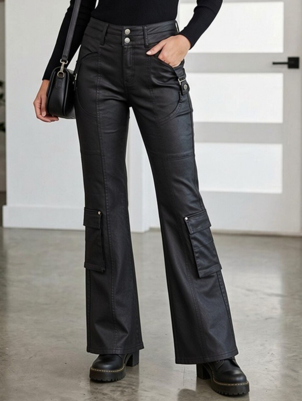 VBRT Black Shiny Coated Moto Cargo Flare Jeans Sz 13 W30 Chic Biker Costume